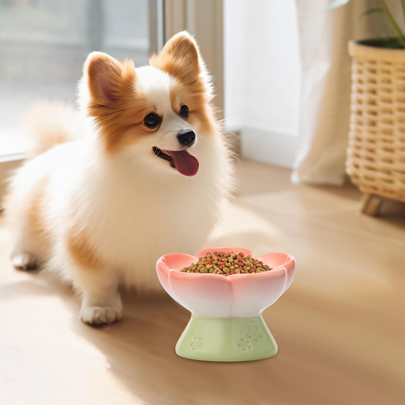 CERAMICS Raised Slow Feeder Cat Bowl, Ceramic Elevated and Titled Glass Food Bowl Small Dogs Slow Feeder, Flower Shaped Cute Cat Dish for Dry and Wet Food (Pink, 5.5")
