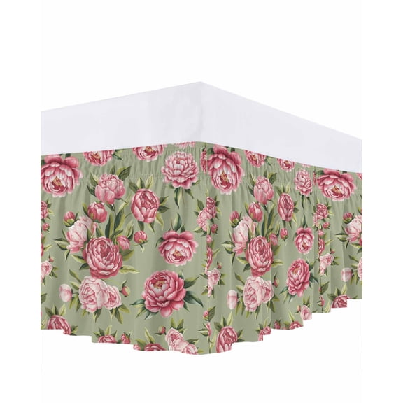 Vintage Pink Flower Bed Skirt King Size 18 Inch Drop, Pastoral Leaf Green Background Farm Adjustable Elastic Dust Ruffles Bedskirt for King Bed Wrap Around Pleated Mattress Frame Cover