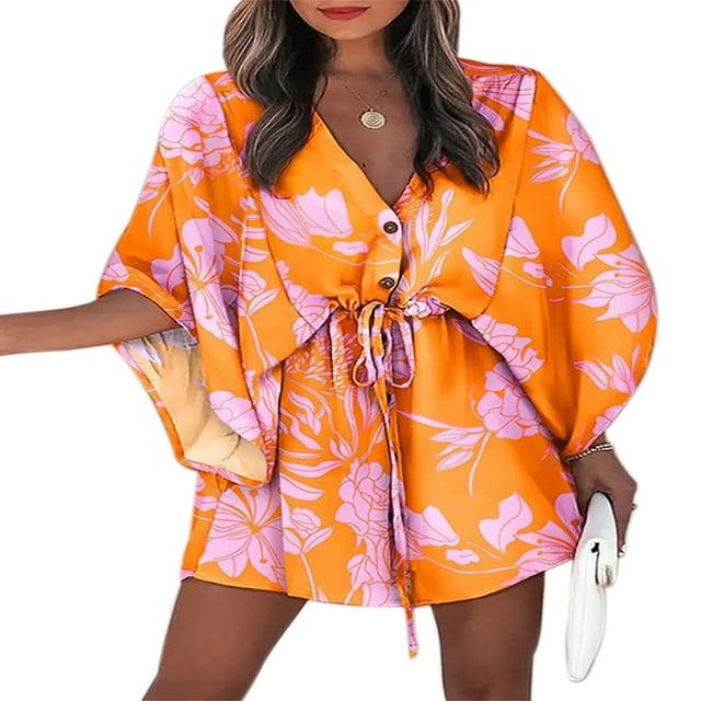 Robes à Manches Mi-Longues à Fleurs pour Femmes, Bouton de Poitrine, Taille Élastique, une Pièce
