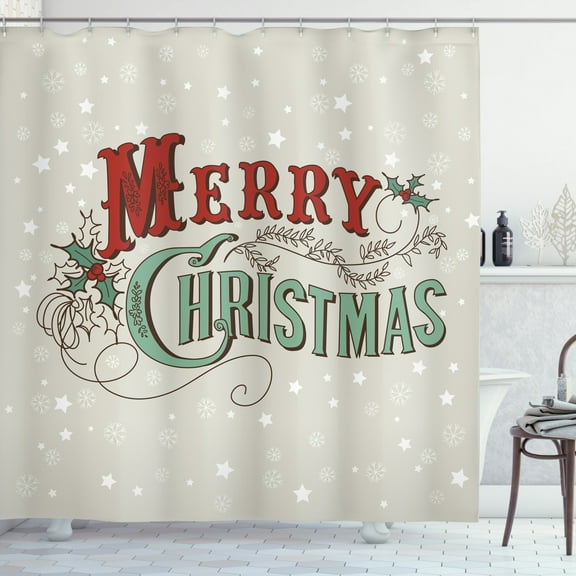 Christmas Shower Curtain, Xmas Stars and Snowflakes Backdrop with Stylized Retro Lettering, Fabric Bathroom Set with Hooks, 69W X 75L Inches Long, Eggshell Sea Green Ruby, by Ambesonne