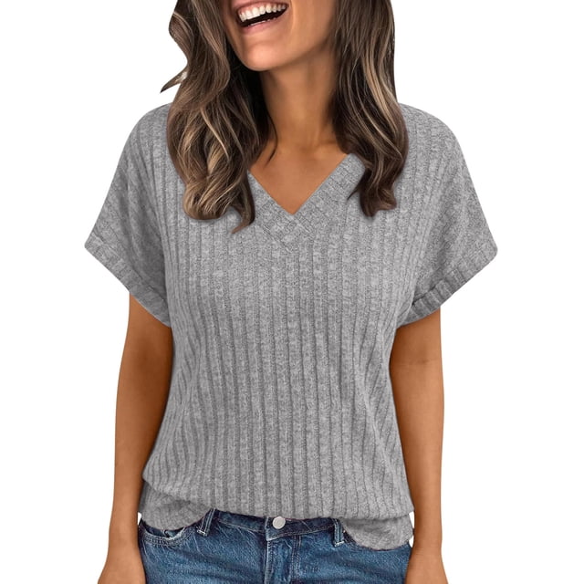 Posijego Hauts pour Femmes Été Chandail à Manches Courtes Léger Col en V Tunique en Tricot Chemises pour Femmes