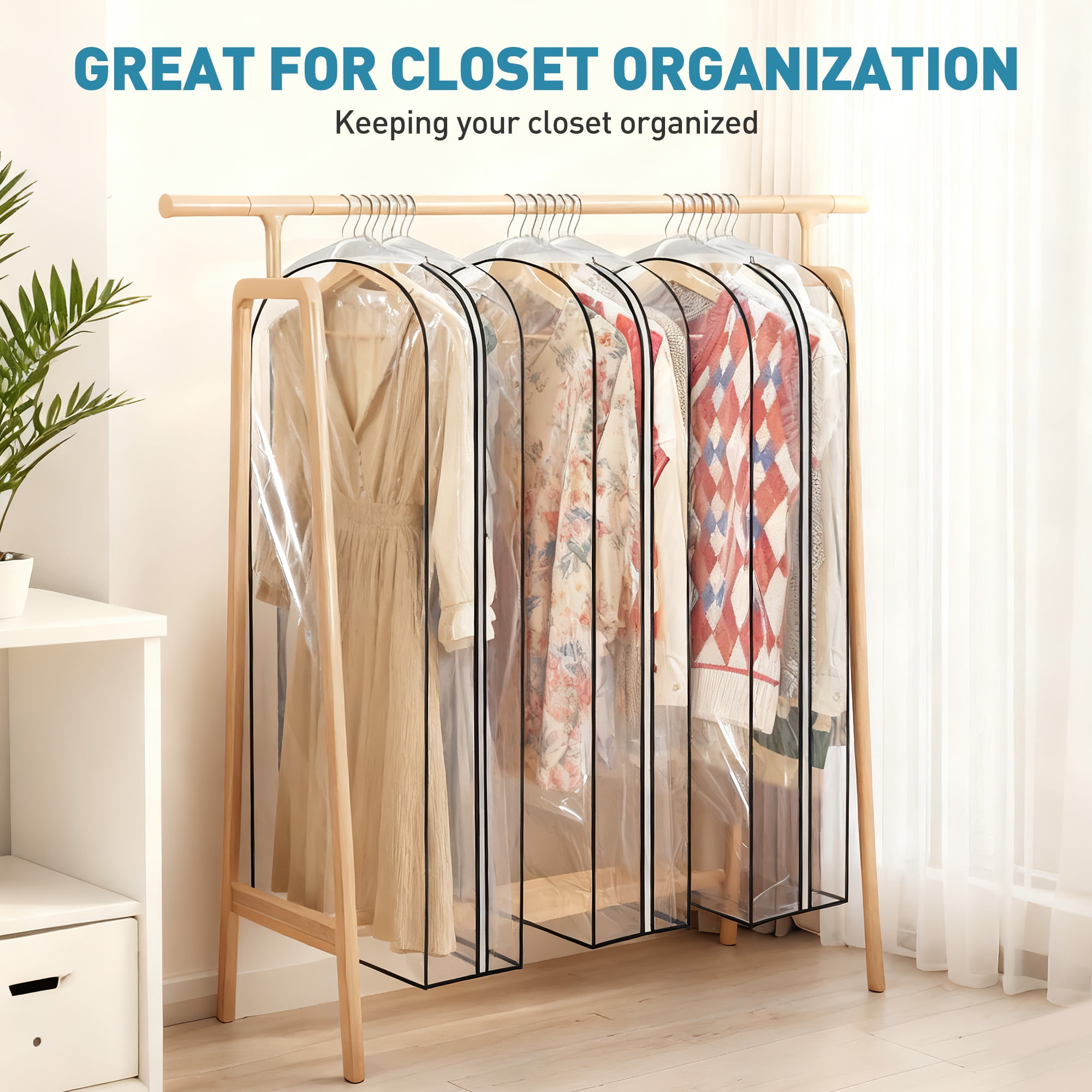 DAKOMM 60'' Extended Garment Bag for Hanging Clothes, 3 Pack 10'' Suit Bag for Storage, PEVA Waterproof & Odorless Garment Covers for Clothes, Gowns, Long Fur Coats, Dresses