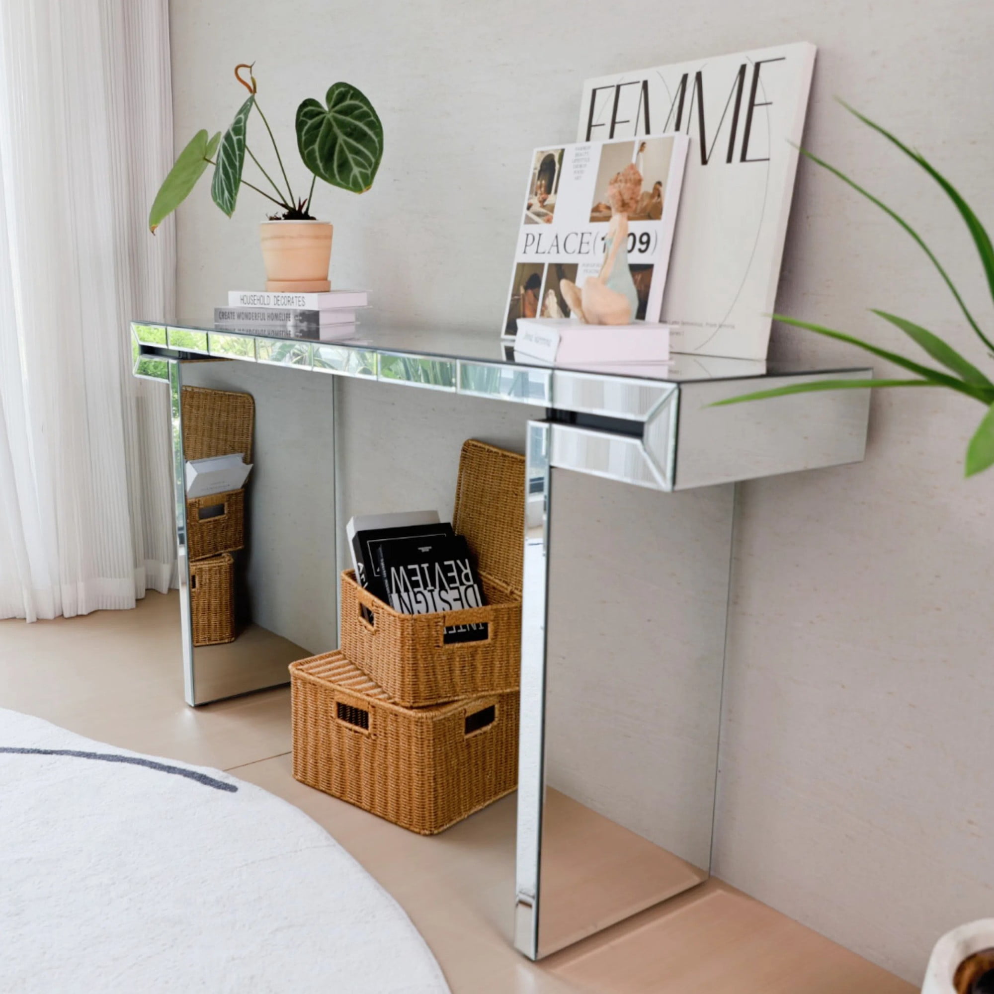 60 Inches Luxury Full-Length Mirror Console Table with Fluted Tempered Glass, Entryway Mirrored Sofa Table, Light Luxury Style, Scratch-Resistant, Reinforced Packaging (Silver)