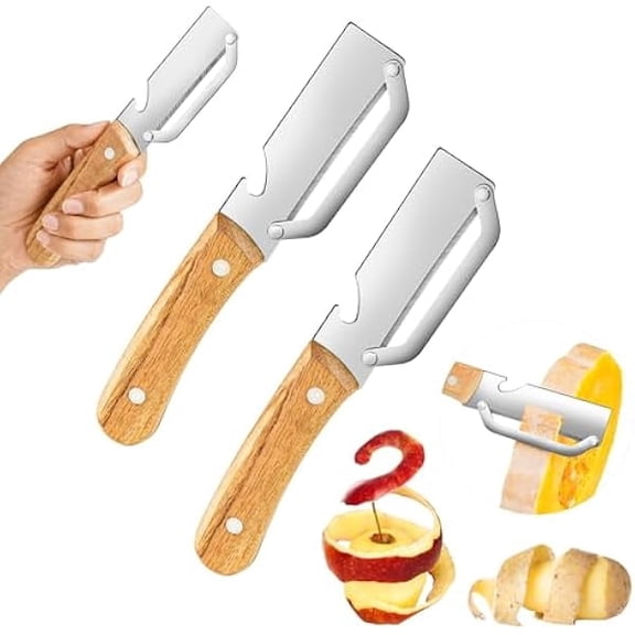 Elite Peeler Knife & Vegetable Shredd 2-in-1 kitchen peeler equipped with bottle opener, Smooth-Run Wooden Kitchen Tool, Stainless Steel Peelers for Kitchen, Suitable for Fruits and Vegetables (2PCS)