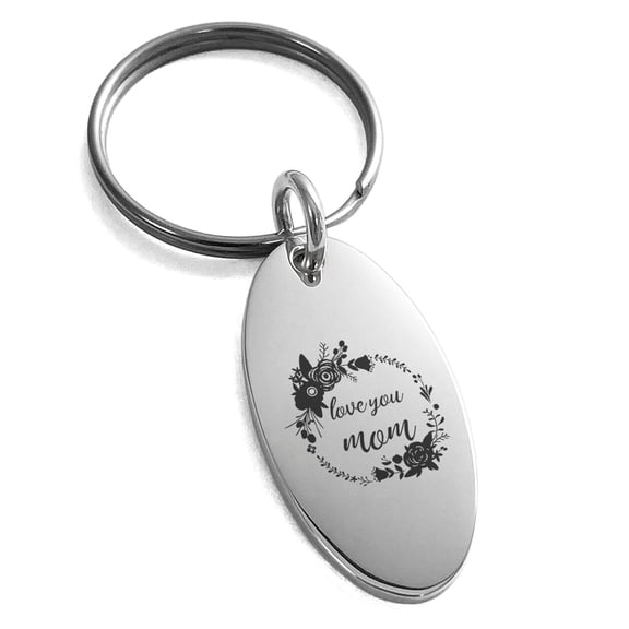 Stainless Steel Floral Love You Mom Small Oval Charm Keychain Keyring
