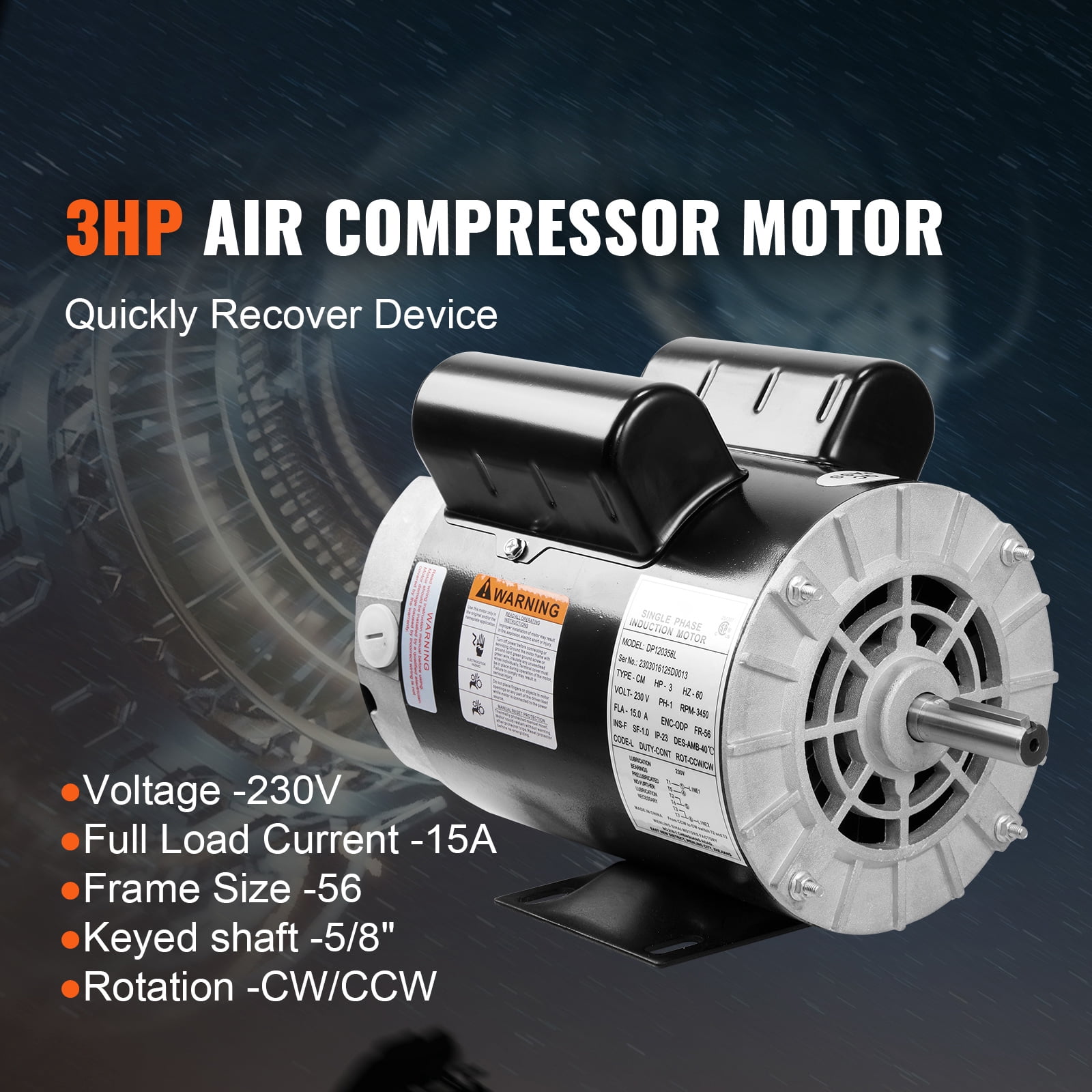 SKYSHALO 3HP Air Compressor Electric Motor 230V FLA 15A 56 Frame CW/CCW Rotation