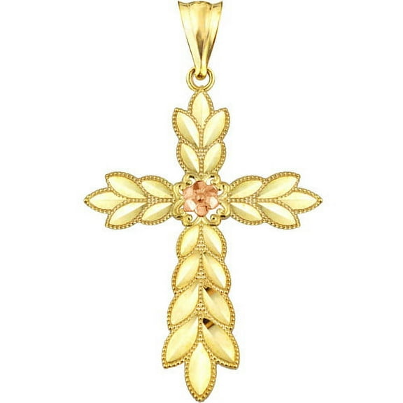 US GOLD Handcrafted 10kt Gold Flower with Leaves Cross Charm Pendant