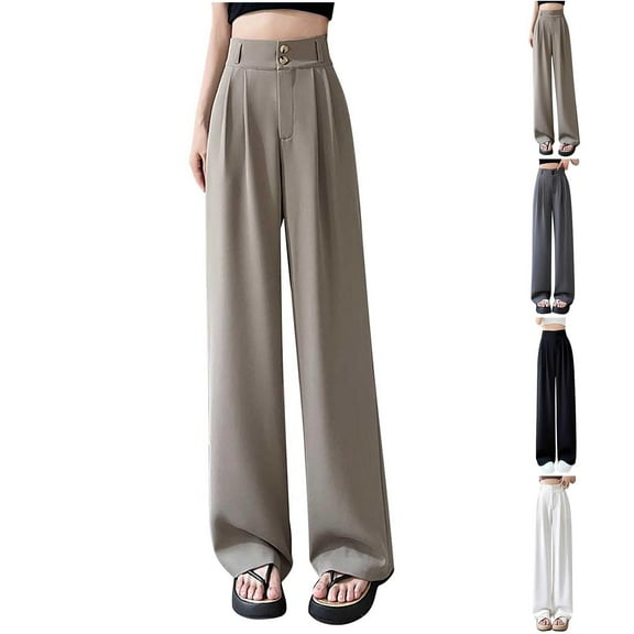 AHTJRT Women's Wide Leg Dress Pants Plus Size Front Button High Waisted Loose Fit Work Trousers with Pockets Casual 2026 Formal Business Slacks Gray S