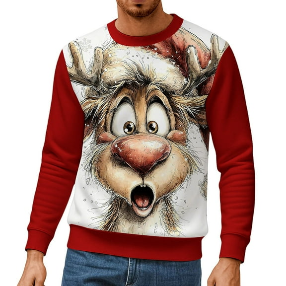 Telankuip Funny Reindeer Graphic Christmas Sweatshirts for Men 2025 Fashion Color Block Long Sleeve Crewneck Pullovers 3D Printed Xmas Holiday Hoodless Tops Red XL