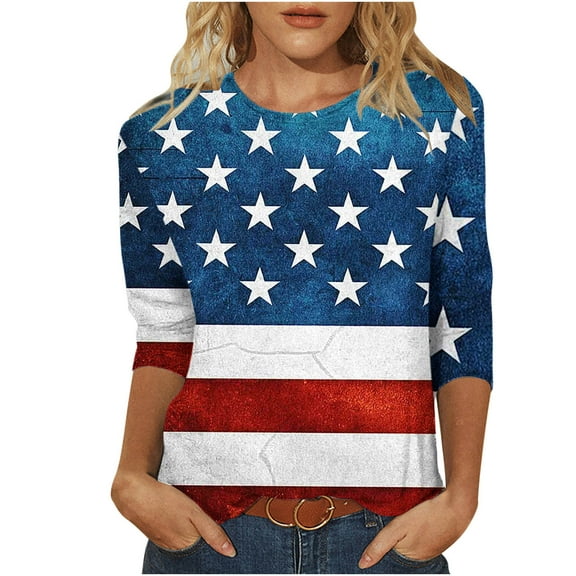 Fesfesfes Winter Tops for Women Women's Fashion Printed T-shirt Mid-length 3/4 Sleeves Blouse Round Neck Casual Tops Womens Shirts Casual 4(S)