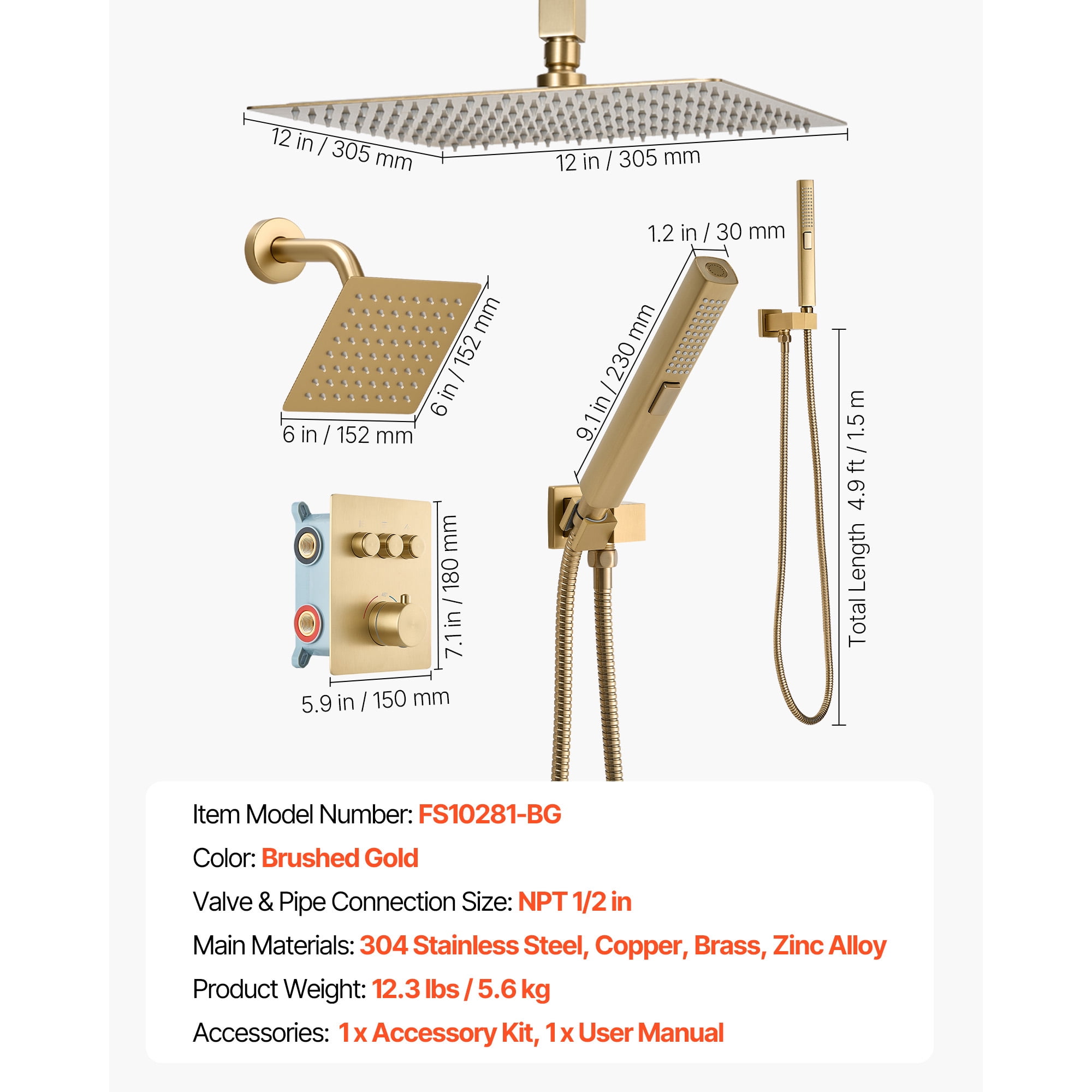 KFFKFF 12-Inch Thermostatic Ceiling Rain Shower System with Wall-Mounted Head and Handheld Spray, 3-Function Dual Rain Head with Brass Valve Trim Kit, Brushed Gold