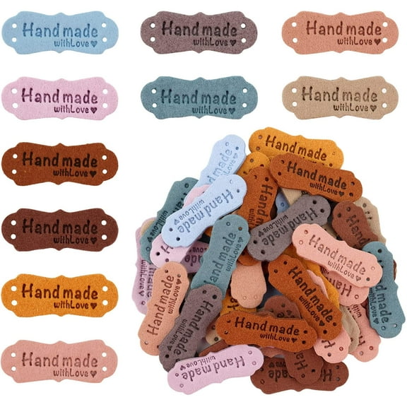 SAVITA 50 x Handmade Leather Labels with Microfibre Woven Leather Labels with Love Hearts for Crafts, Knitting, Handbags, Clothes (10 Colours)