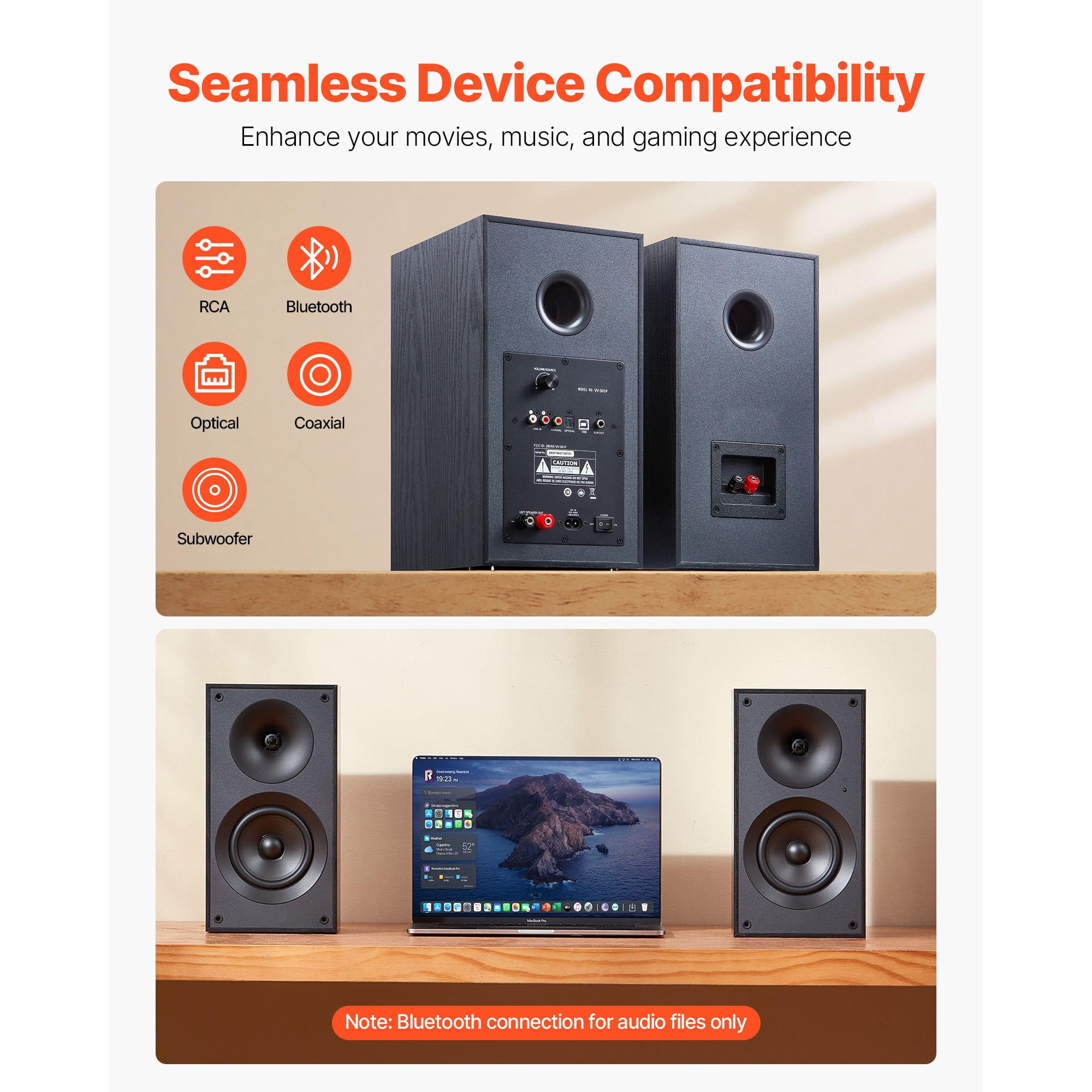 KFFKFF Powered Bookshelf Speakers, 25W x 2, Active Studio Monitor with 5.25-Inch Woofer, Bluetooth/RCA/Coaxial/Optical/USB/Subwoofer Support, Wooden Cabinet, Compatible with Turntables, PCs, and More