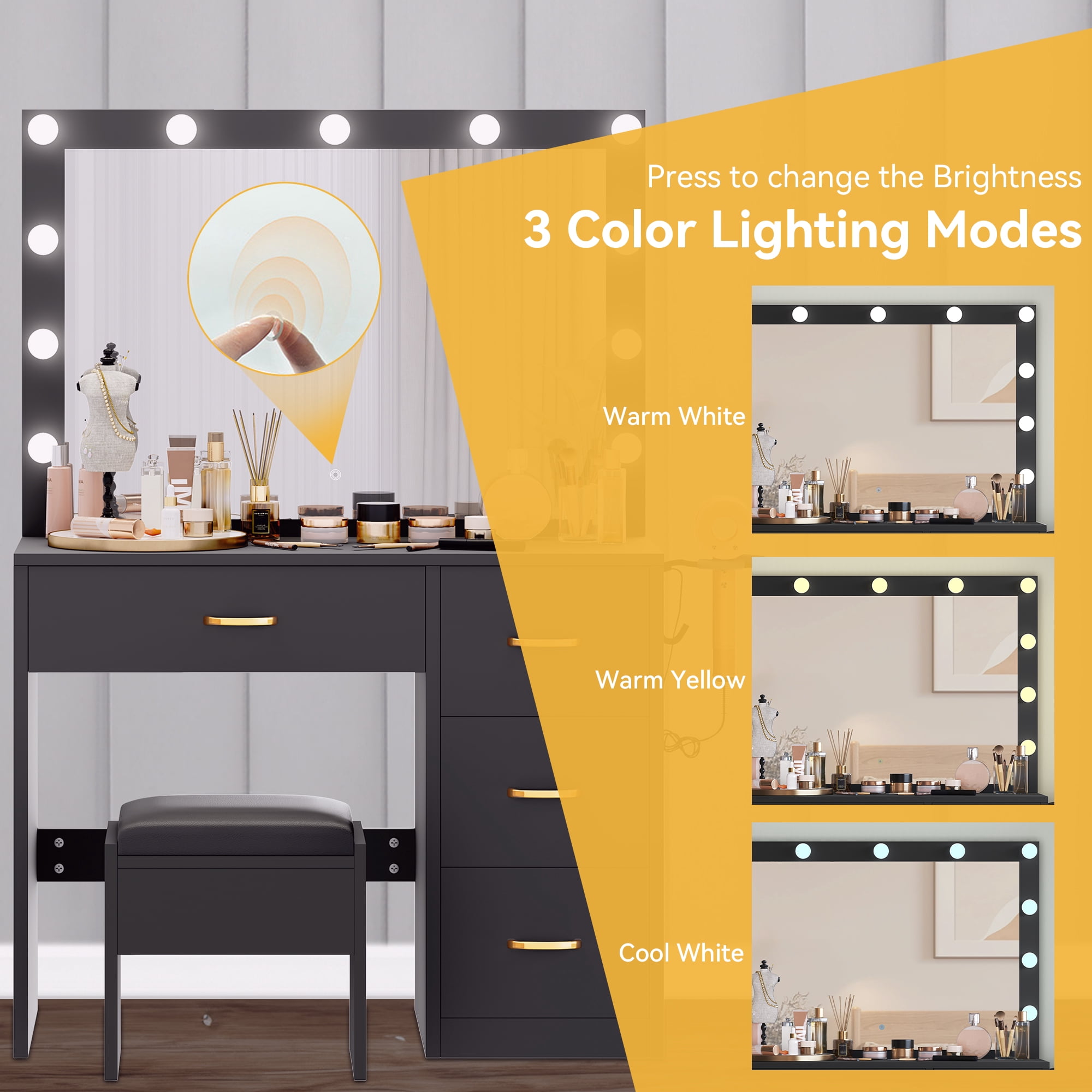 Dextrus Black Makeup Vanity with Built-in Charging Station with Mirror and Storage Shelves