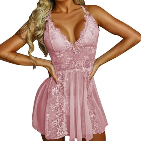 

LBECLEY Strap Lingerie for Women Plus Women Floral Lace Pajamas Lingerie 2 Piece Nightwear Eyelash Crochet Lace Tied Detail Halter Lingerie Backless Contrast Transparent Lingerie for Women Pink Xl