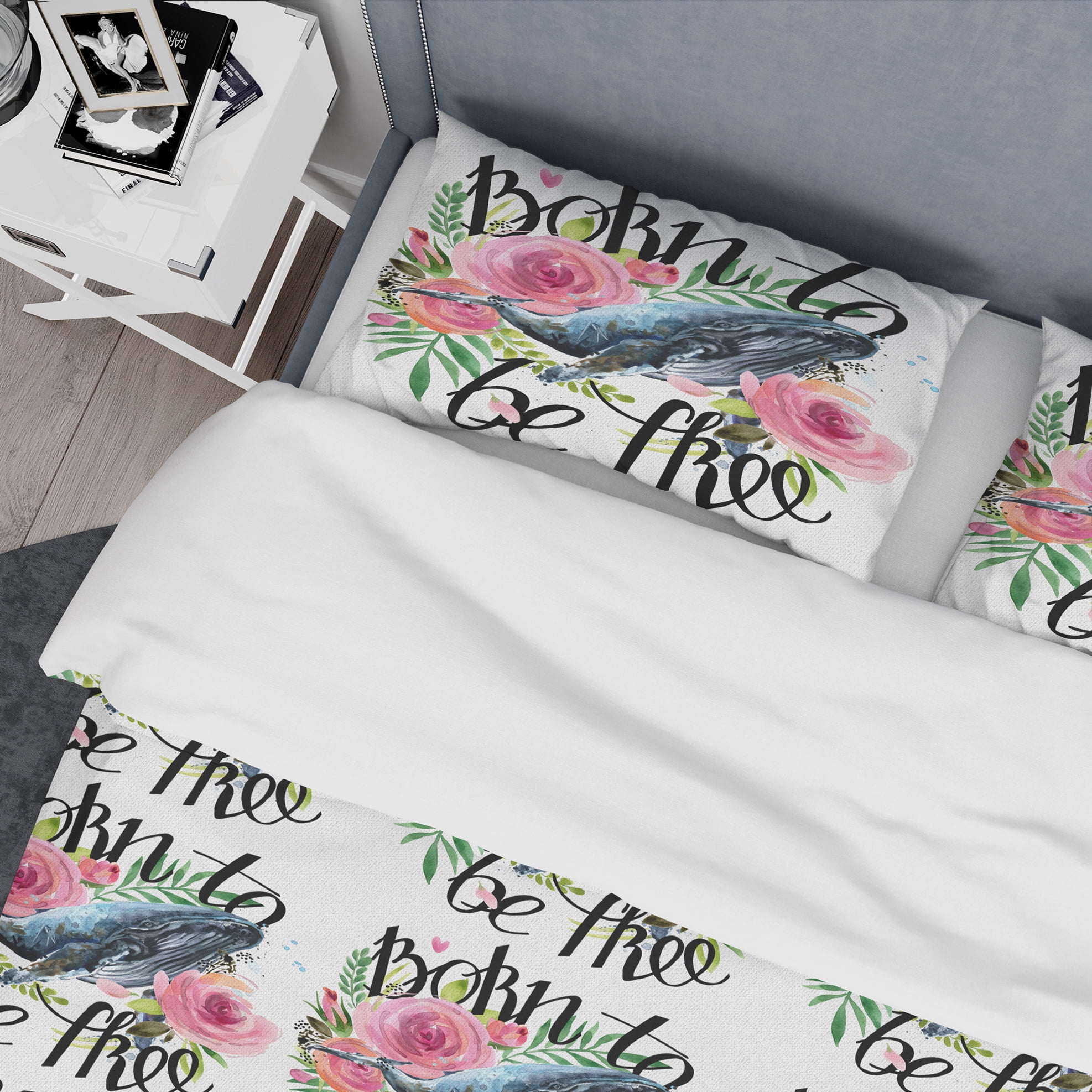 Designart 'Whale and Roses' Traditional Duvet Cover Set