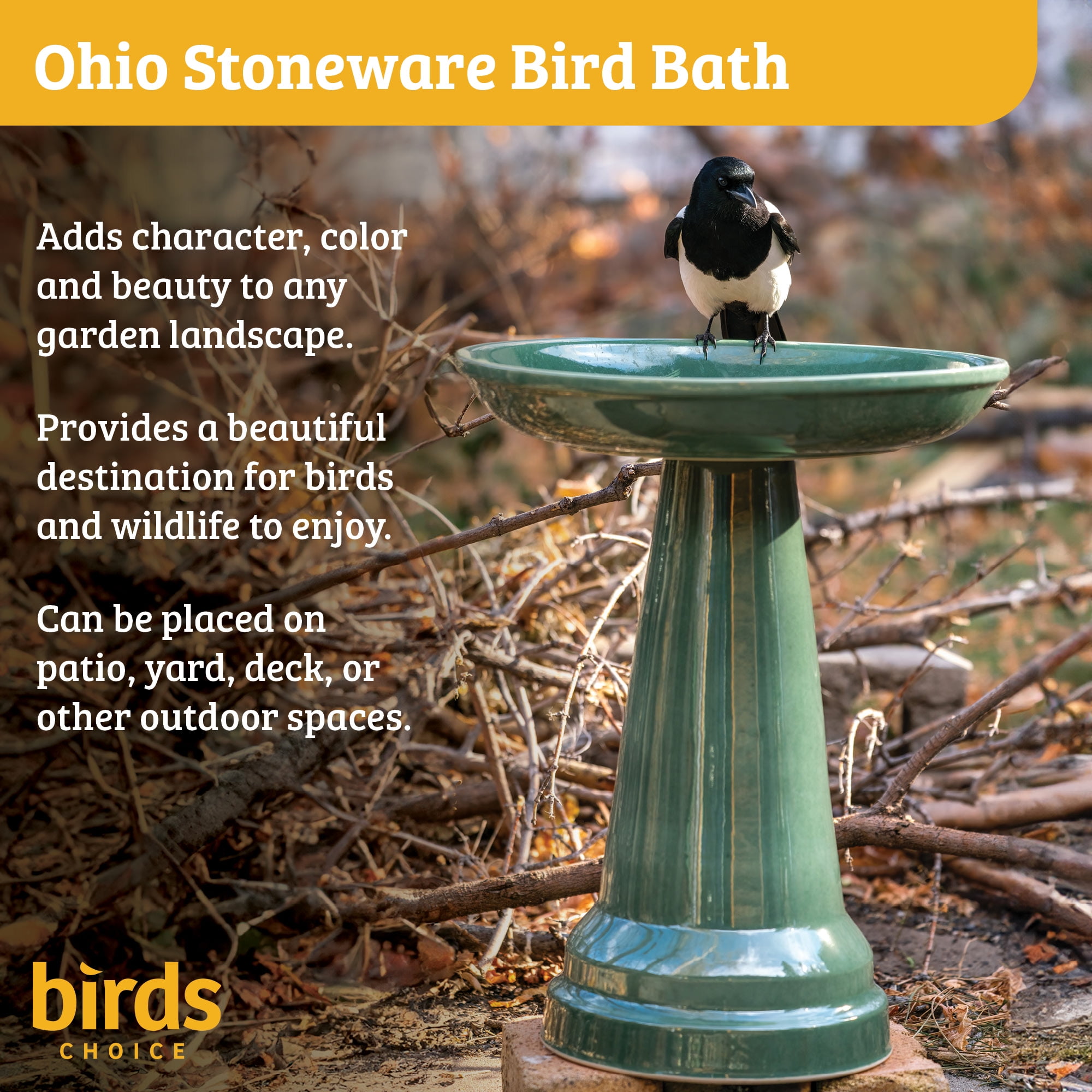 Birds Choice Ohio Stoneware Weather Resistant Ceramic Clay Pedestal Bird Bath, 22"H x 17"D, Hunter Greenreen