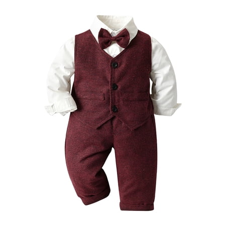 dmqupv Baptism Clothes for Boys Baby Boy Clothes Suits Infant Gentleman Wedding Outfit Formal Long Sleeve Dress Shirt Vest Pants 3Pcs Baby Suit Sets Red 3-4 Years