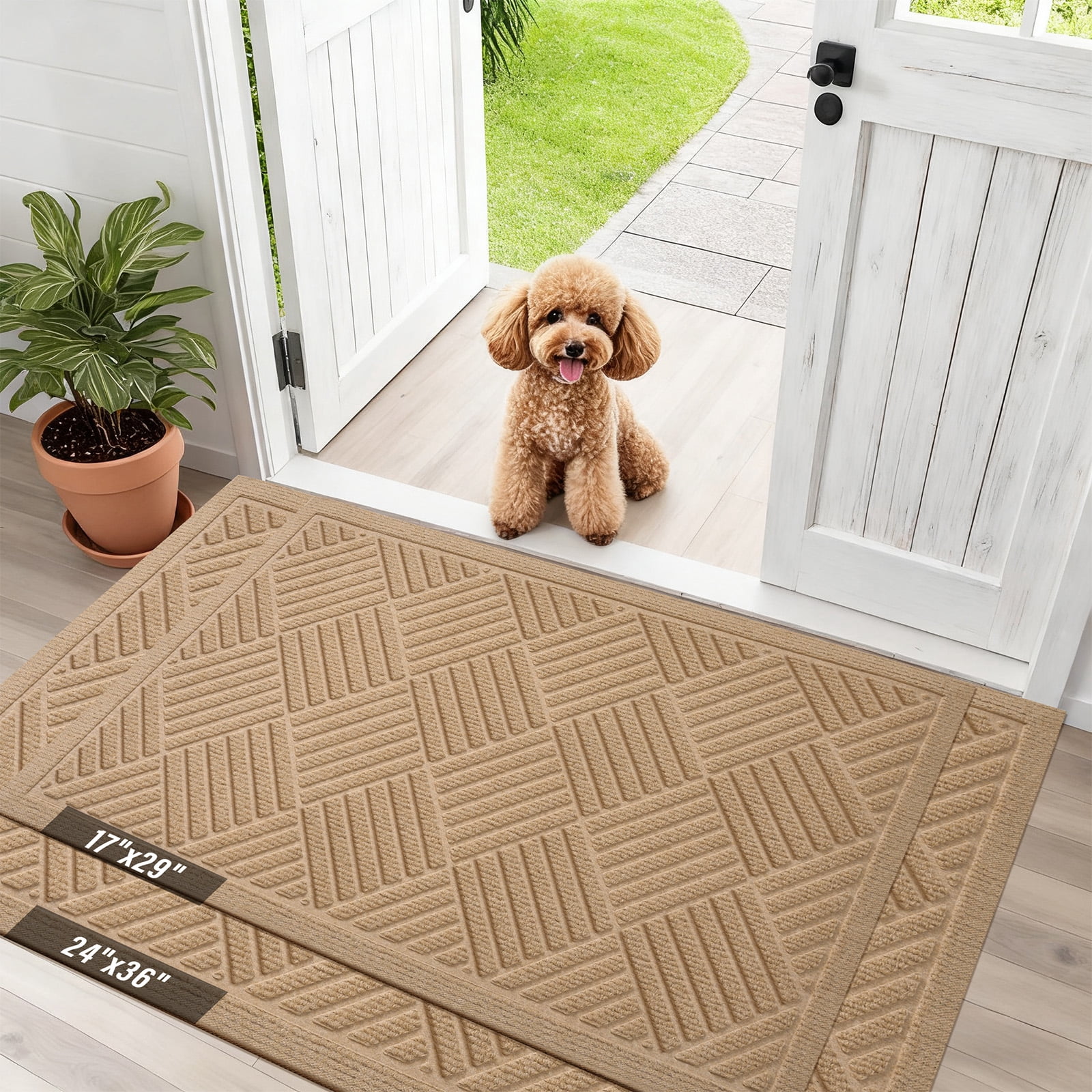 Front Doormat Non Slip Outdoor Mat 24"x36", Dirt Trapper TPE Welcome Mats Outdoor Indoor Rug, Durable Easy Clean Low Profile Doormat for Garage ,Entryway, Patio ,High Traffic Areas, Beige