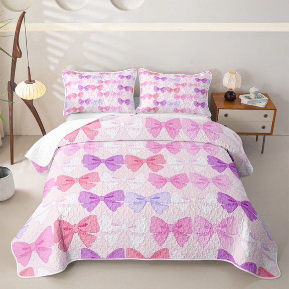 Erosebridal Pink Purple Multicolor Bow Twin Quilt Set for Girls, Colorful Ribbon Twin Coverlet Set, 2 Pieces