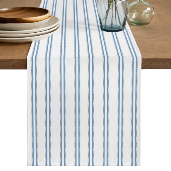 Blue Ticking Stripe Table Runner, Modern Minimalist Vertical Lines White Cotton Linen Table Cloth, Tablerunner for Kitchen Dining Party Wedding Home Decor 14x72 Inch