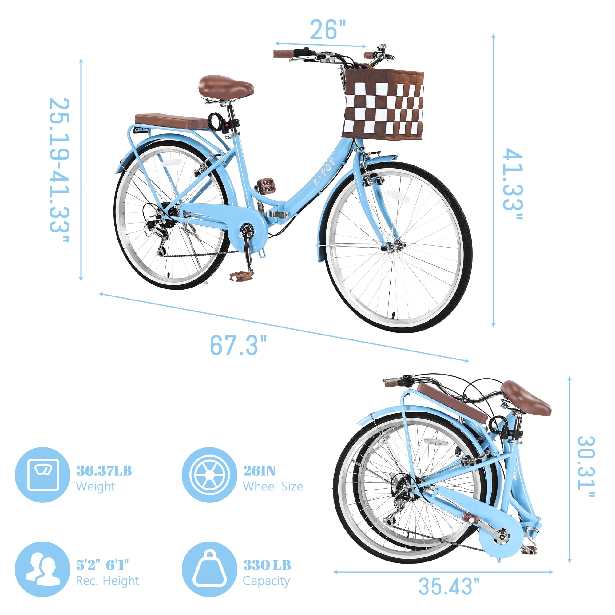 Folding Women Bicycle 26 Inch, 7 Speed Beach Cruiser Bike for Women, High Carbon Steel Frame Ladies Bicycle with Basket& Rear Rack, Commute Bike for Women Adults, Multiple Colors