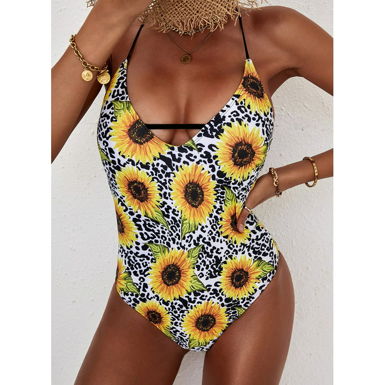Women's Sunflower Bikini One-Piece Swimwear Backless Swimsuit