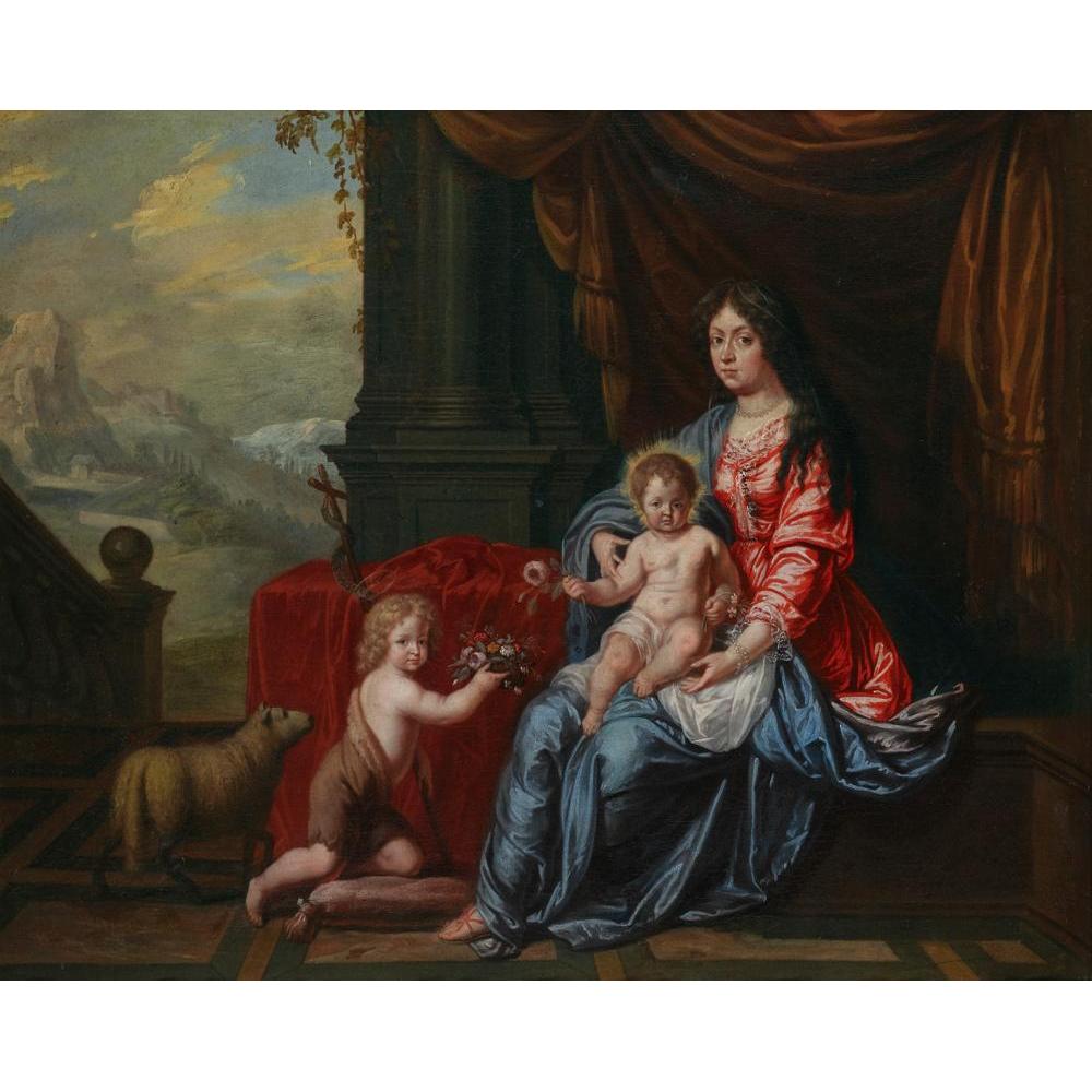 Victor Honoré Janssens 14x12 Black Modern Framed Museum Art Print Titled - Portrait of a Lady in the Guise of the Madonna with a Child, Beside Them&nbsp;The Infant Saint John the Baptist