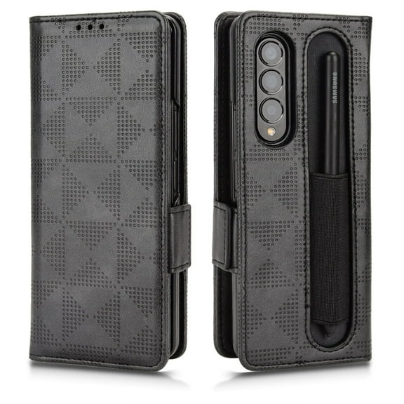 Magnetic Wallet Case Compatible with Samsung Galaxy Z fold 4 with Lanyard Strap Leather Flip Kickstand Case-Black