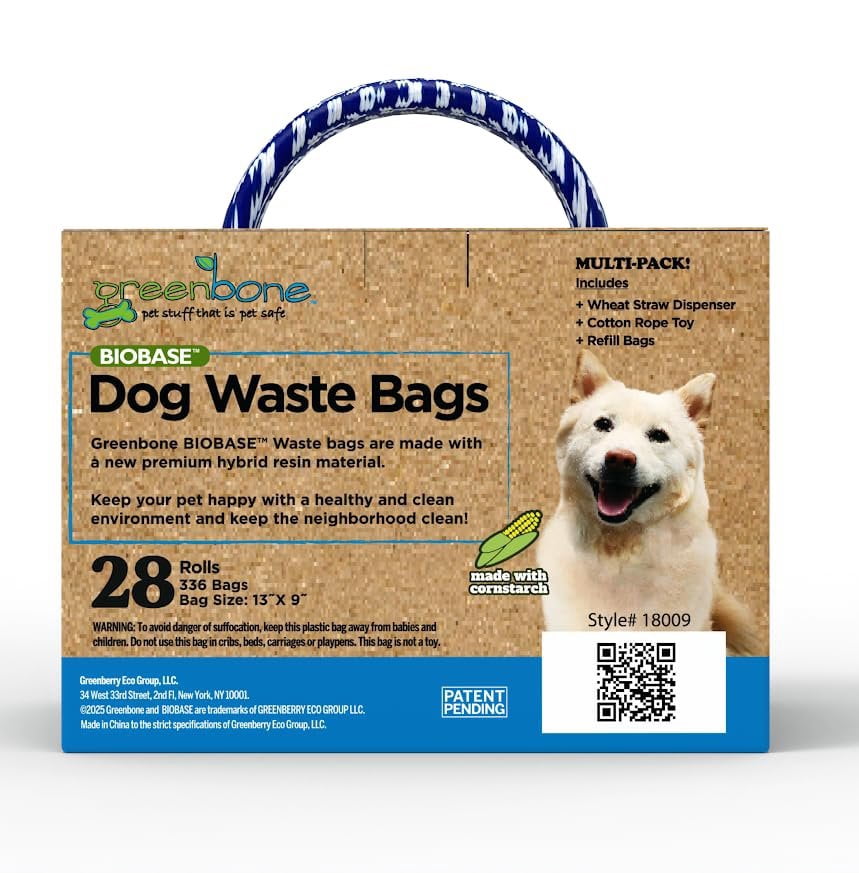 Greenbone Dog Gift set Blue Dog Poop Bag Refills for Dispenser:  includes Dispenser and Rope Toy Handle - 28 Rolls - 336 Bags