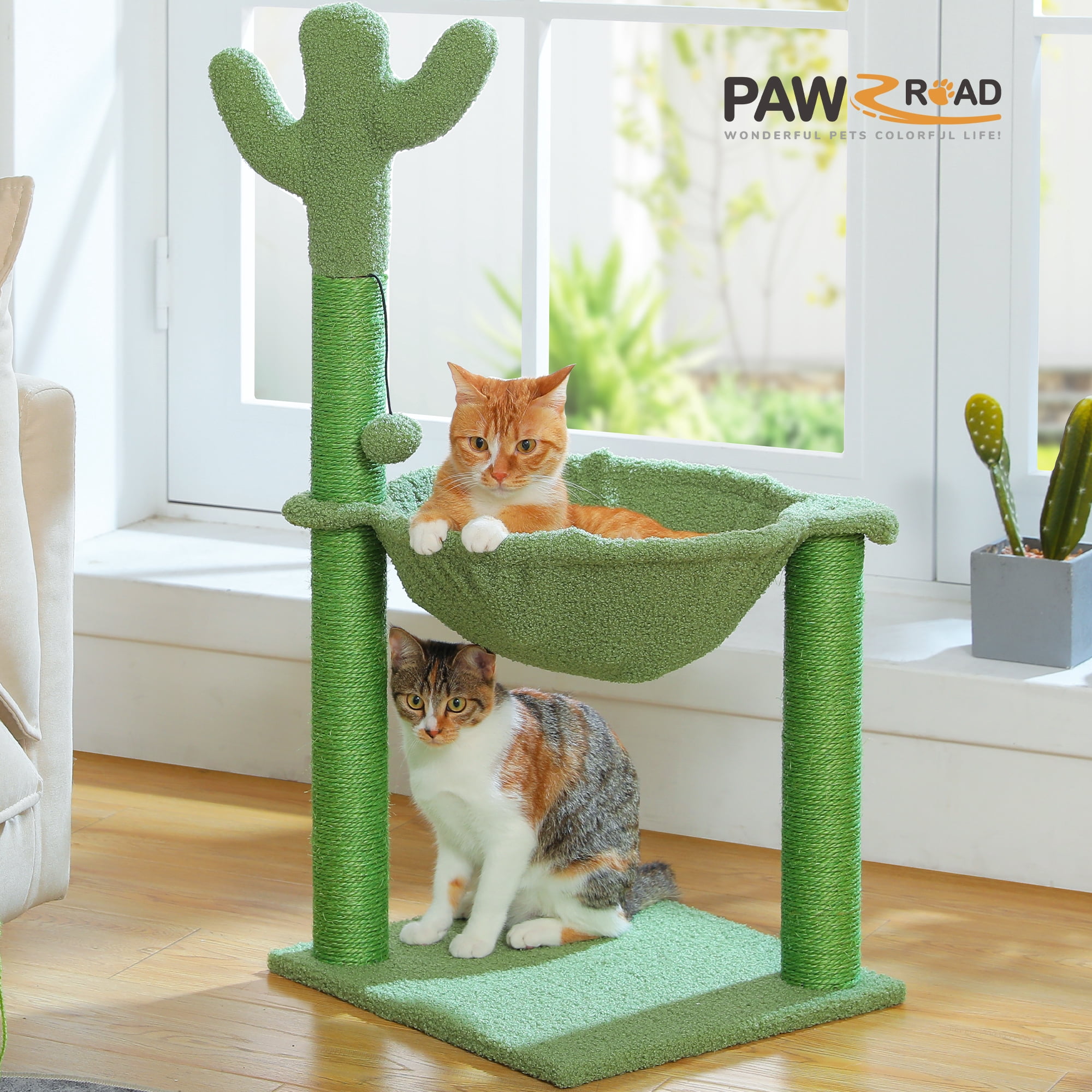 PAWZ Road 33" Cactus Cat Scratching Post Large Cat Scratcher with Big Hammock for Indoor Pet Green