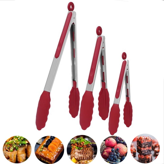 FULIER 3Pcs Stainless Steel Kitchen Tongs Silicone Cooking Tongs Red
