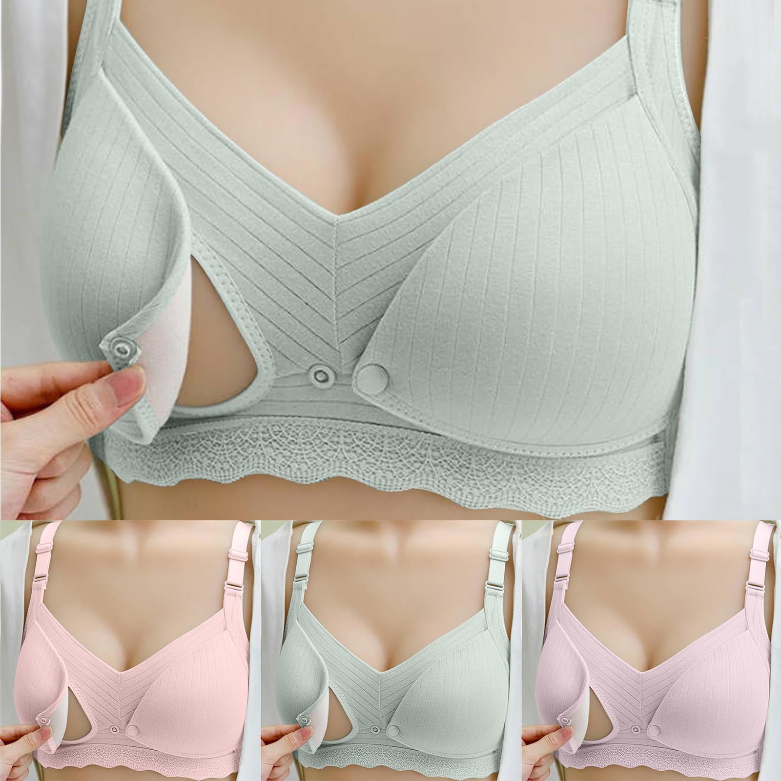 Nmnitkp Nursing Bras Antibacterial Fabric,Women's Pregnant Breastfeeding Bra Thin Front Buckle Pregnant Postpartum,Cotton Nursing Bras for Breastfeeding Green,L