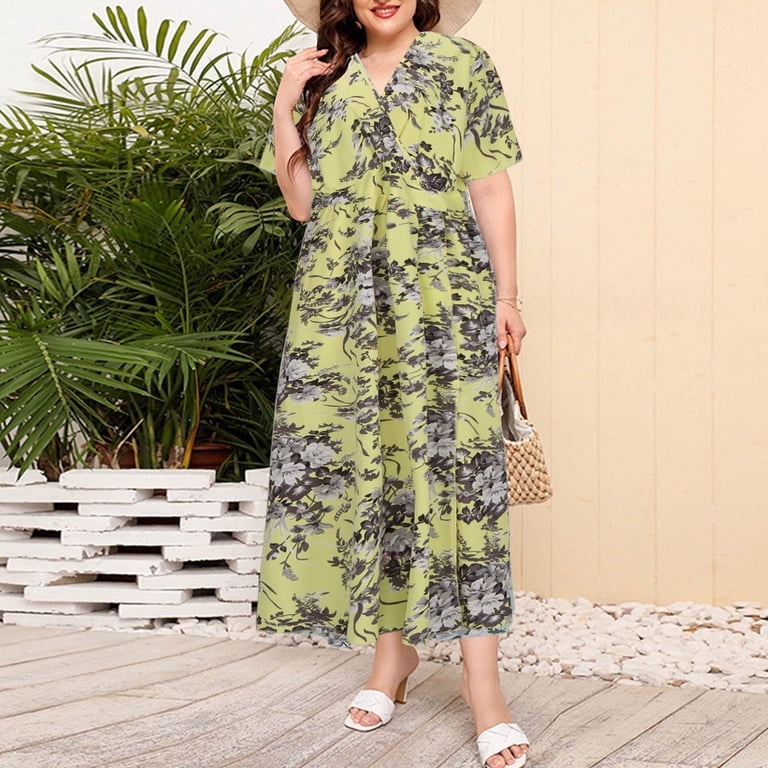 Jinhomg Vacation Dresses for Women Elegant Floral Print Boho Dress Plus  Size Casual Short Sleeve Wrap V-Neck Midi Dresses Flowy Swing Aline Dress  Fall Saving Yellow XXL - Walmart.com