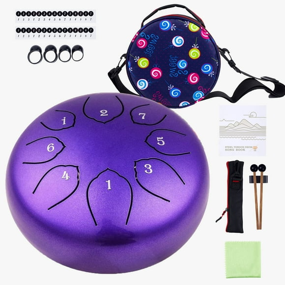Kit de Tambour à Langue en Acier, Instrument de Percussion 6 Pouces 8 Notes Tambour à Langue C-Key avec Sac, Livre de Musique, Maillets, Chiffon à Essuyer pour Yoga Méditation Divertissement Éducation Musicale Concert - Violet