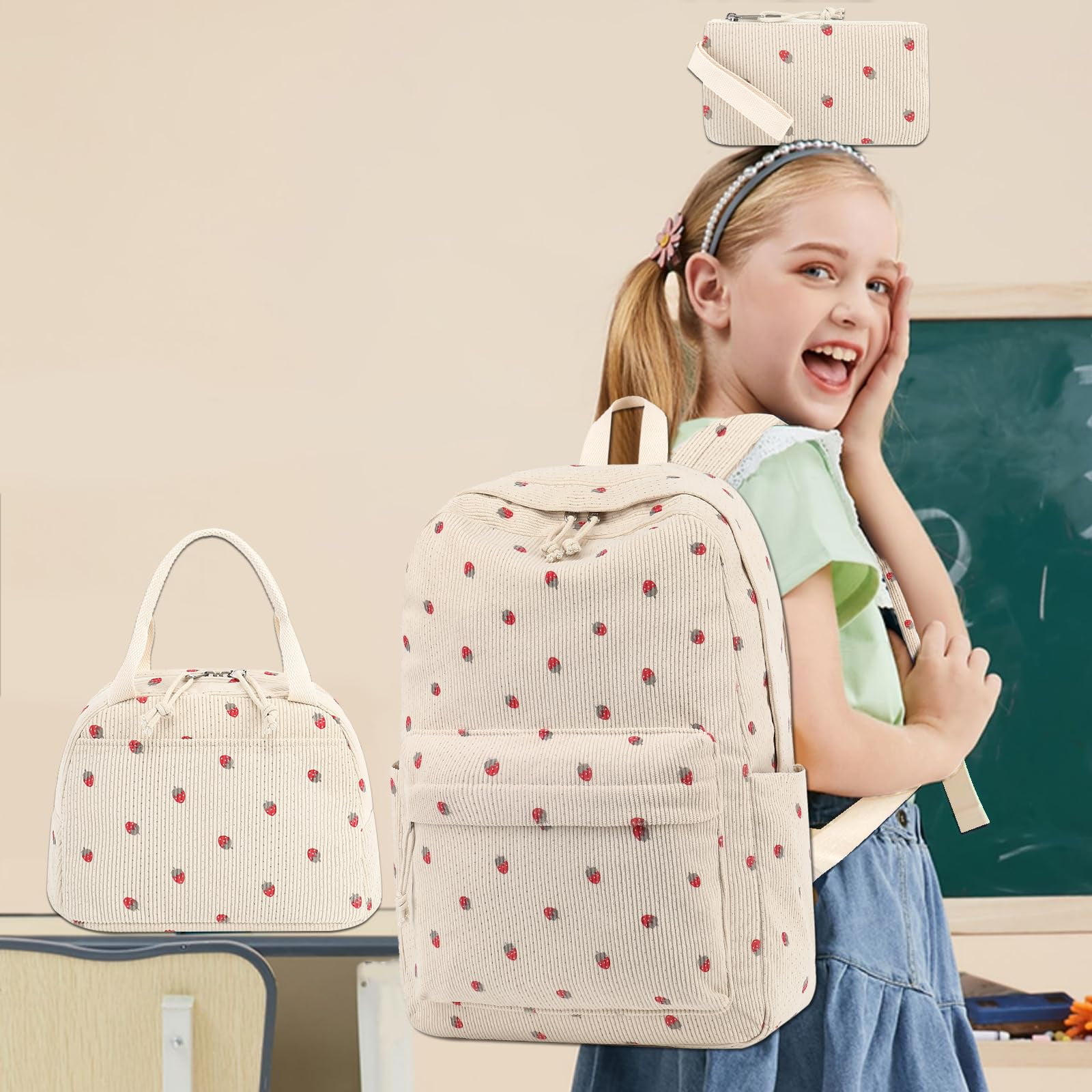 Soda Candy Backpacks for Girls Corduroy 3pcs School Backpack Set with Lunch Bag Pencil Pouch Kids Bookbag for Elementary Middle High School Travel Daypack