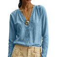 thumbnail image 6 of Women Solid Color V Neck Cotton Linen Blouse,Roll Up Long Sleeve Loose Bohemian Casual Shirt,Lightweight Breathable Basic Top for Daily Leisure,Travel Spring Summer 2026 Outfits Blue L, 6 of 6