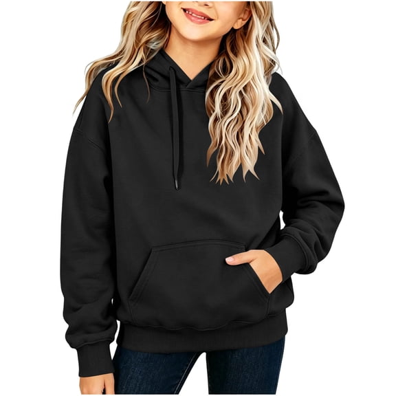 SERTG Girls Pullover Hoodie Drawstring Pocket Solid Color Long Sleeve Loose Fit Kids Casual School Daily Outdoor Wear Hooded Sweatshirt