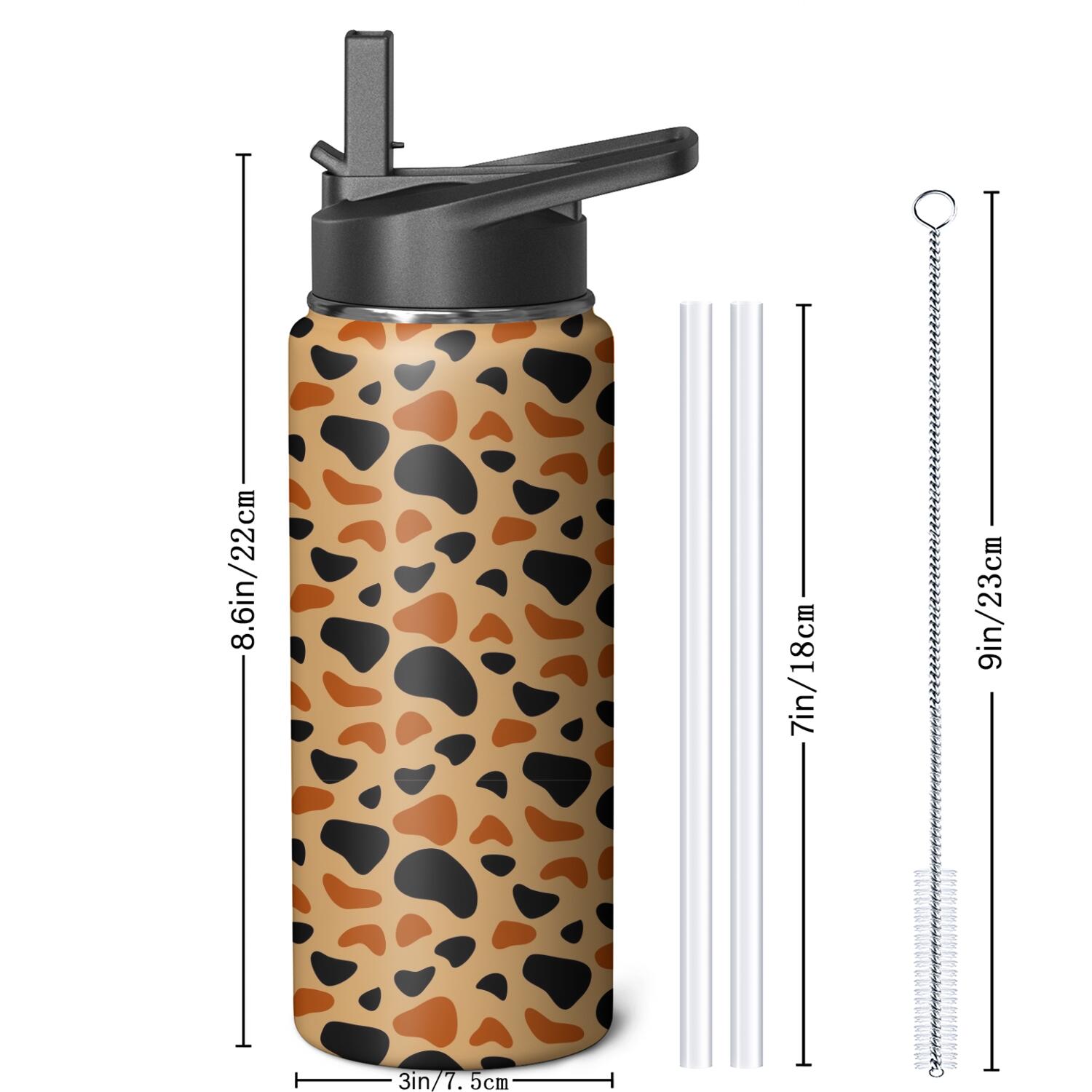 Leopard Print Insulated Stainless Steel Water Bottle with Straw & Cleaning Brush – 18 Oz | Leakproof, BPA-Free, 304 Stainless Steel, Wide Mouth, Travel Mug for Car, Gym, Office