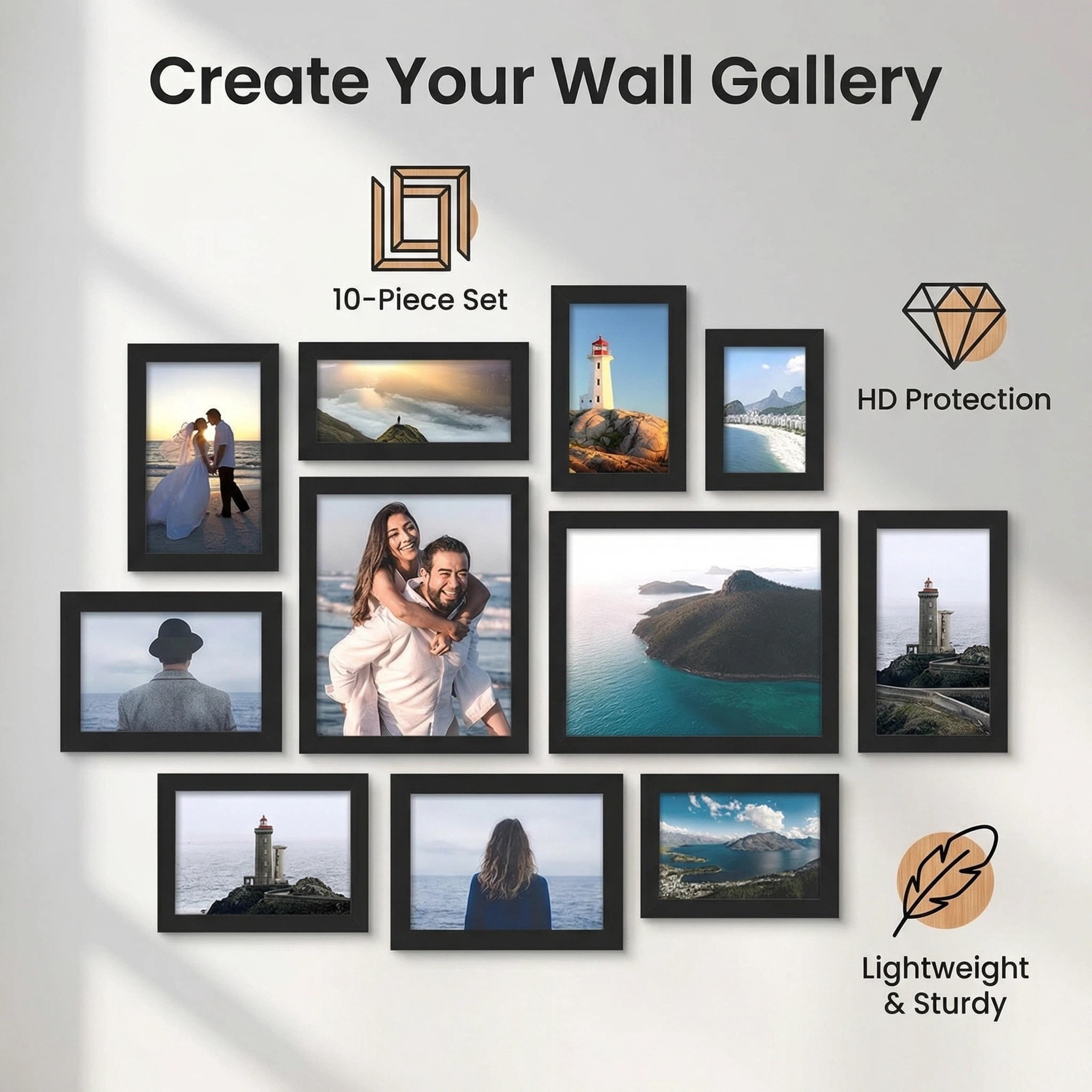 Asoricing 10-piece photo frame set - multi-size combination photo wall - perforated cardstock picture frame - black