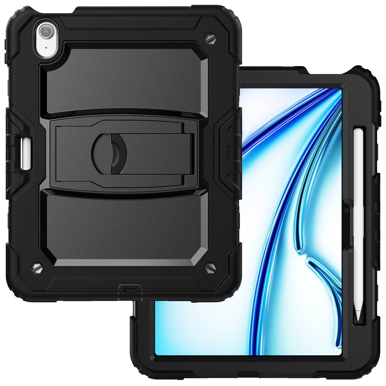 Rugged Case For Apple iPad Air 11 (2024) – 3-Layer Protection Shockproof Stand Cover with Screen Protector, Adjustable Stand, Shoulder Strap, & Pencil Holder -- Black
