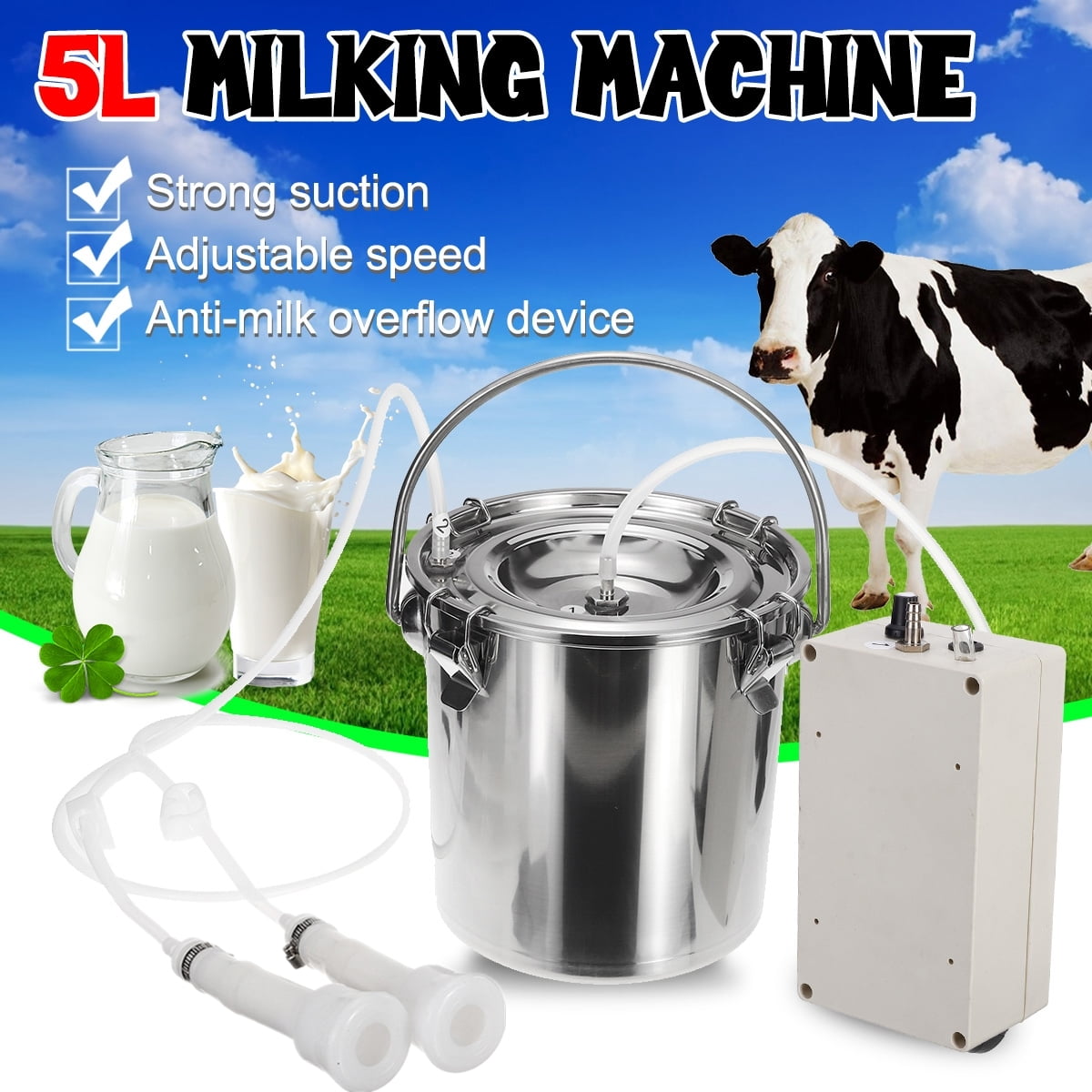 5L Electric Milking Machine Vacuum Pump Cow Goat Milker Double Heads Adjustable 