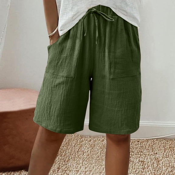 Bermuda Shorts for Women Knee Length High Waisted Baggy Shorts with Pockets Cotton Linen Summer Casual Lounge Army Green XL