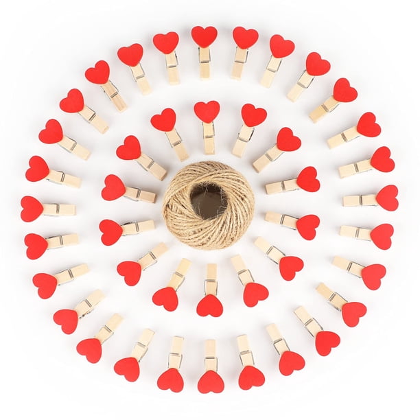 Pinzas para ropa JijaCraft, 100 unidades con cuerda, madera de 3,5 cm con corazón rojo