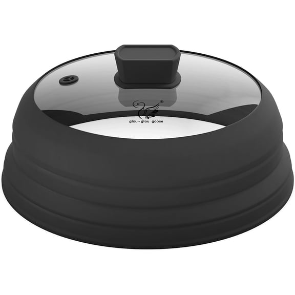 Microwave Splatter Cover Glass Cover Splatter Guard Lid with Collapsible Silicone for Food Pot Cover Plate Cover 11.8 inch with Anti-Scalding Gloves , Black
