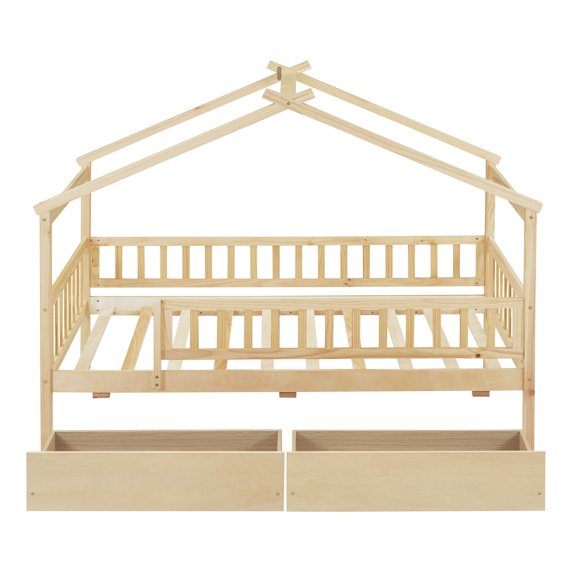 Harper & Bright Designs Twin House Bed with 2 Storage Drawers, Twin Bed Frame with Rails and Roof, Wooden Tent Montessori Bed for Girls & Boys, Natural