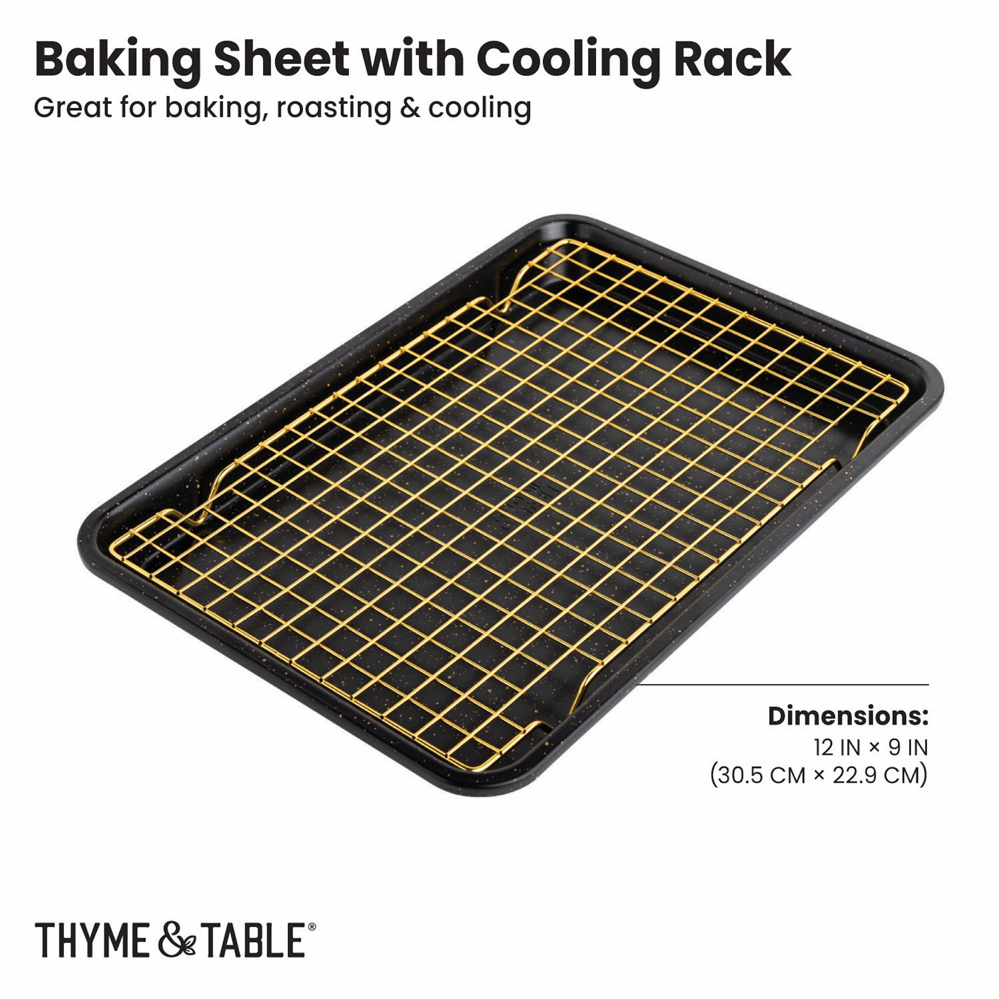 Thyme & Table Non-Stick Rectangle Baking Sheet with Gold Cooling Rack, 12 x 9 in, Black
