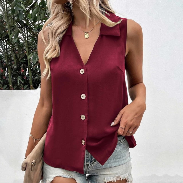 Mefallenssiah Crop Tank top Women'S Color Loose Sleeveless Button V-Neck Vest