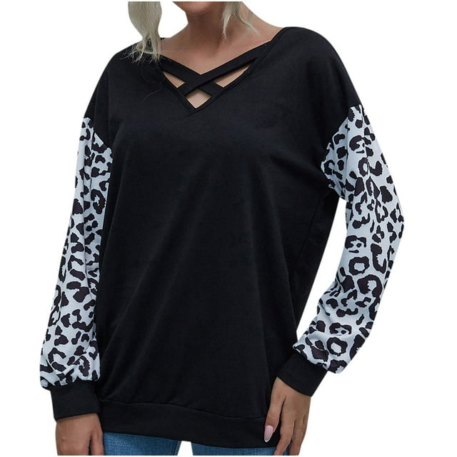 Camiseta de cobertura de impresión de manga larga casual con cuello en V para mujer Top Pompotops gfhjh22427