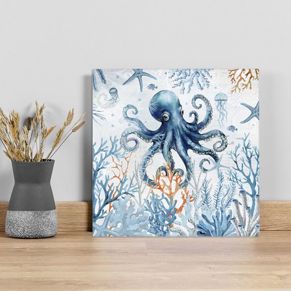 Octopus Wall Art Painting on Canvas, Blue Coastal Starfish Ocean Coral Nautical Canvas Art Home Prints Wall Art Framed Modern Artwork for Living Room Bedroom Wall Decor 8x8in